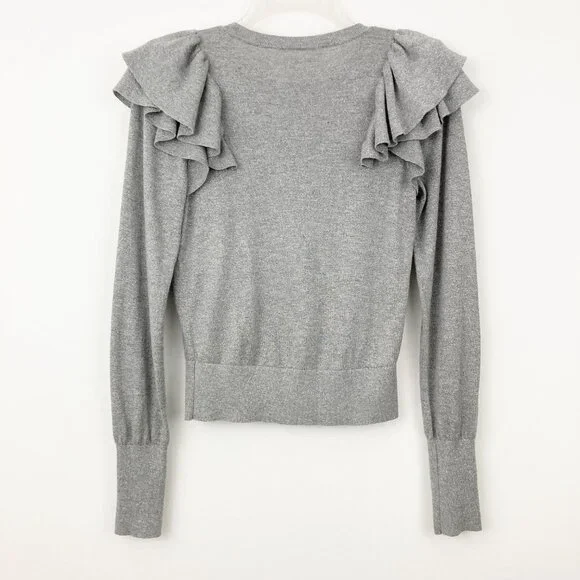 Veronica Beard Centre Ruffle Crewneck Metallic-knit Sweater Size S Gray Sparkle - Picture 4 of 10